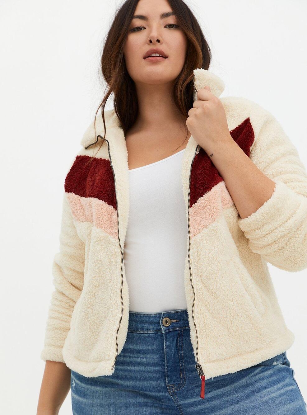 Torrid Sherpa Full Zip Collar Front Pockets Ivory Chevron Stripe Jacket Size 3X